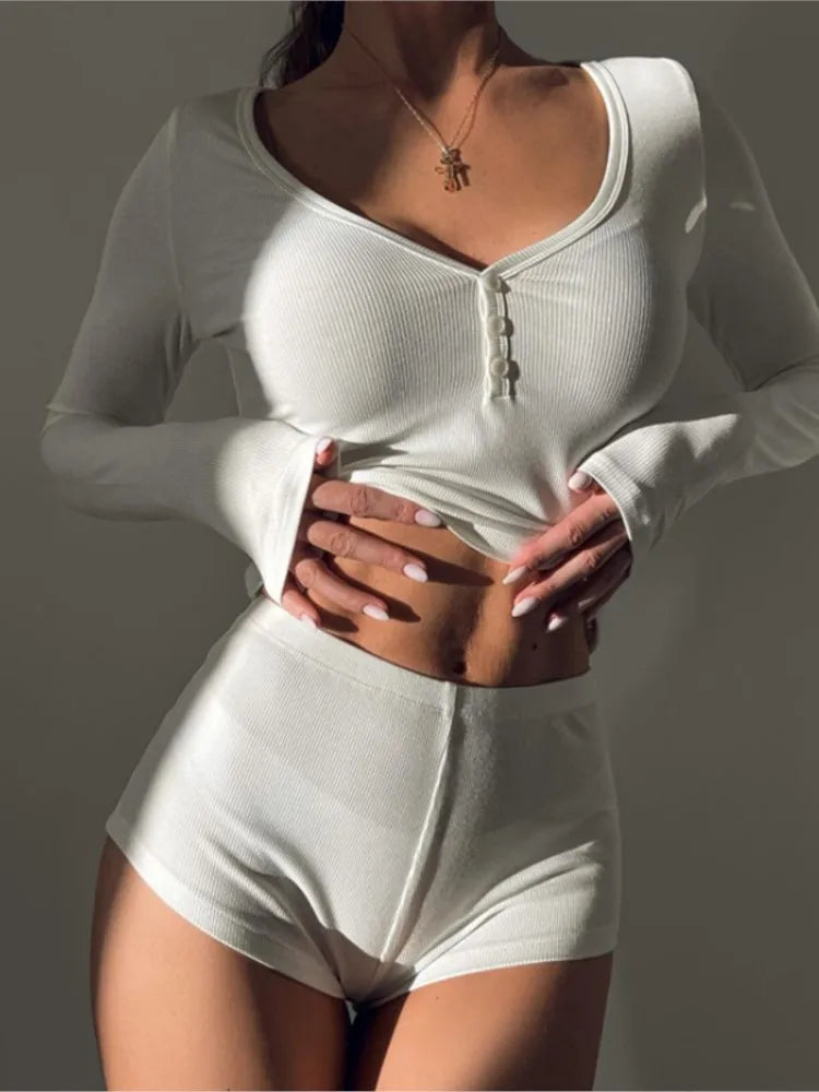 2025 Women 2 Piece Pajamas Shorts Set Long Sleeve V Neck Button Down Cropped Tops Sexy Bodycon Shorts Loungewear Clothes Females