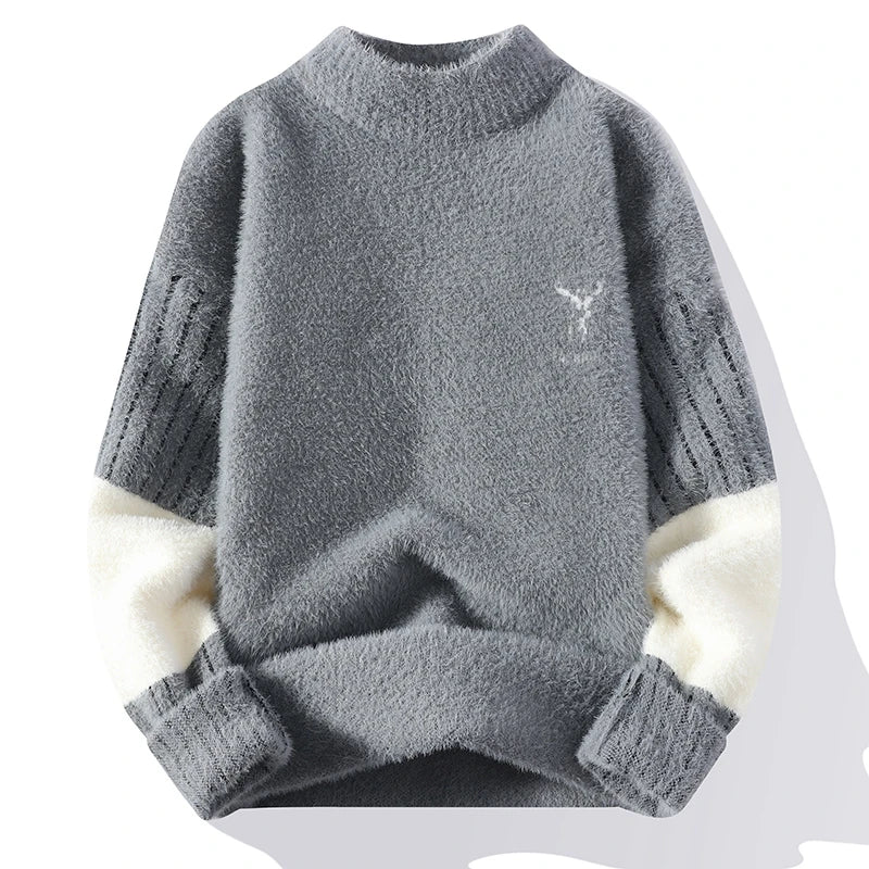 Thickened Winter Semi High Neck Knitted Sweater with Anti Pilling Splicing Men's Casual Long Sleeved Bottom Printed Pullover
