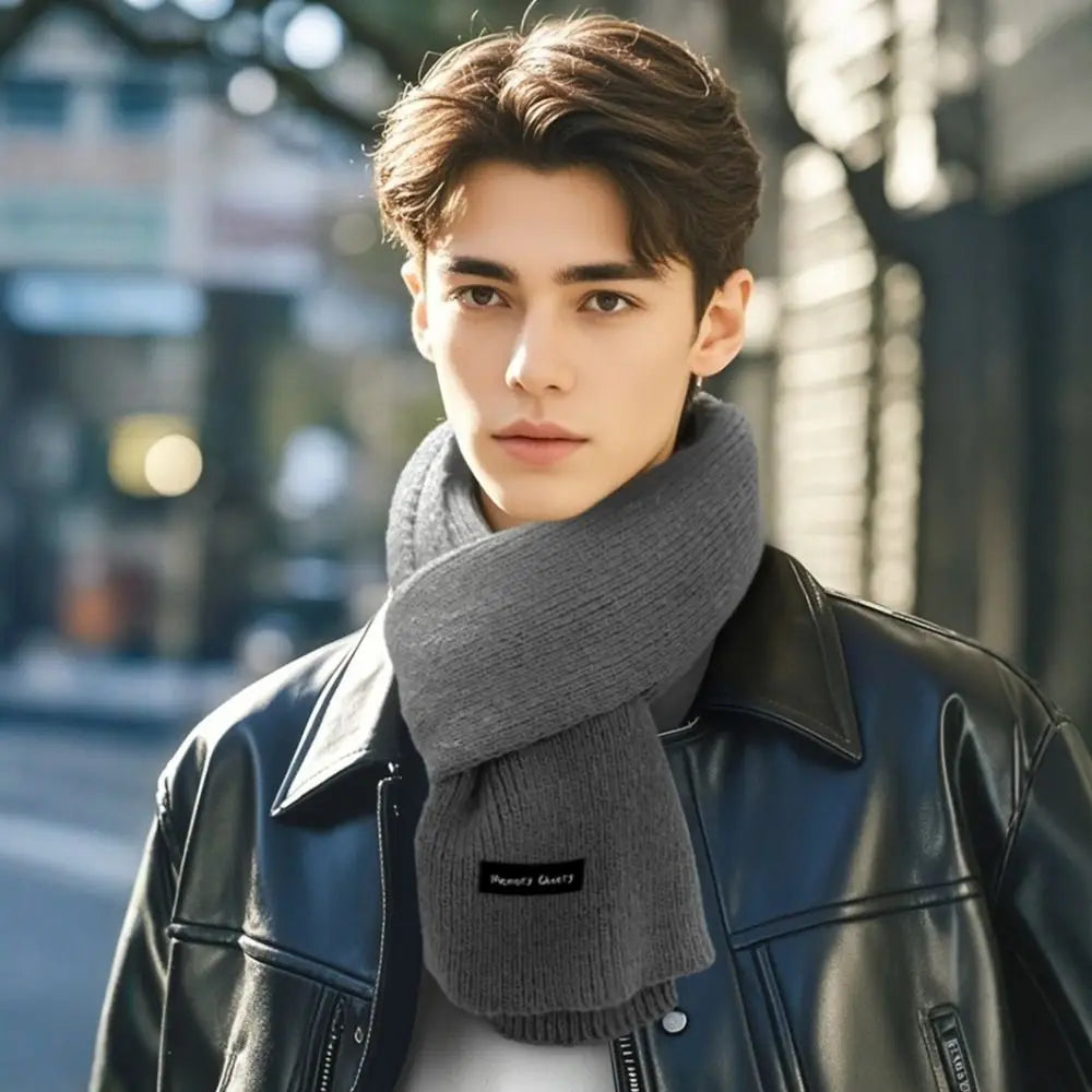 New Korean Style Thick Warm Metal Logo Long Scarf Winter Knitted Solid Color Womens Scarf