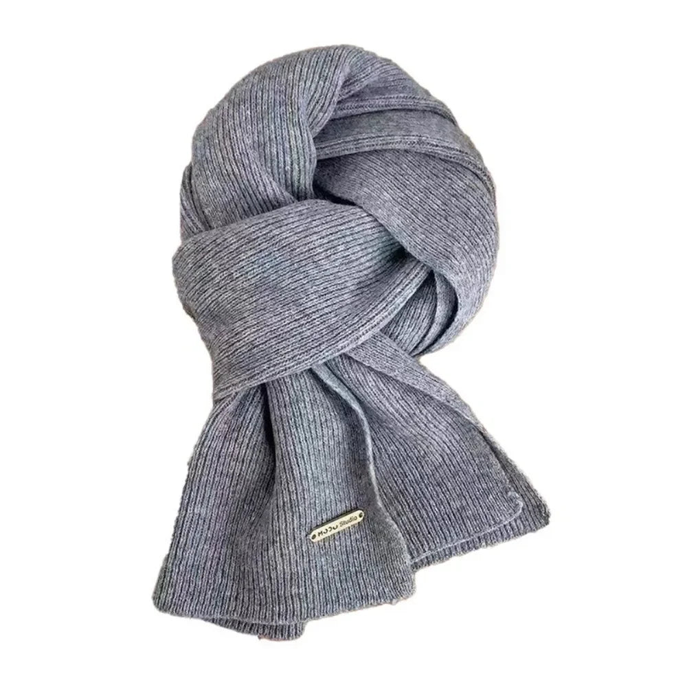 New Korean Style Thick Warm Metal Logo Long Scarf Winter Knitted Solid Color Womens Scarf