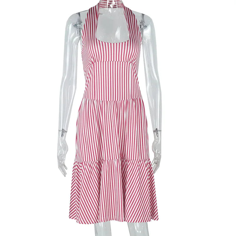 Women's Stripes Print Halterneck Sleeveless A-Line Mini Dress, Backless