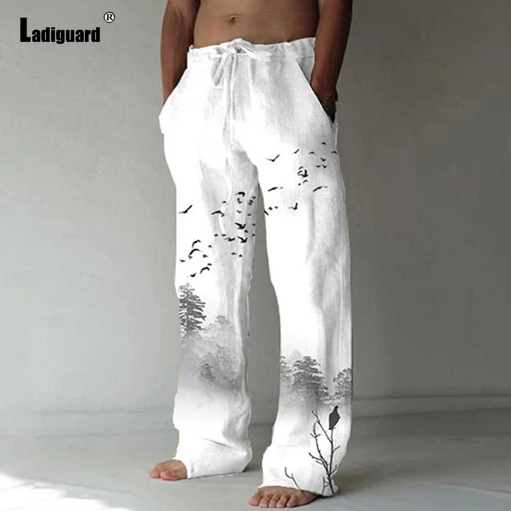 Plus Size 5xl Mens Loose Pants 2025 Summer Casual Linen Pants Male Fashion Print Trouser Men Patchwork Drawstring Leisure Pant