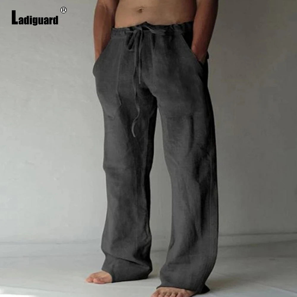 Plus Size 5xl Mens Loose Pants 2025 Summer Casual Linen Pants Male Fashion Print Trouser Men Patchwork Drawstring Leisure Pant