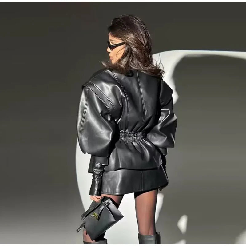 Faux Leather Jacket Women Turn-down Collar Zipper Front Puffy Sleeves Stylish Waist Cinching Coat 2025 Female Winter Outerwear