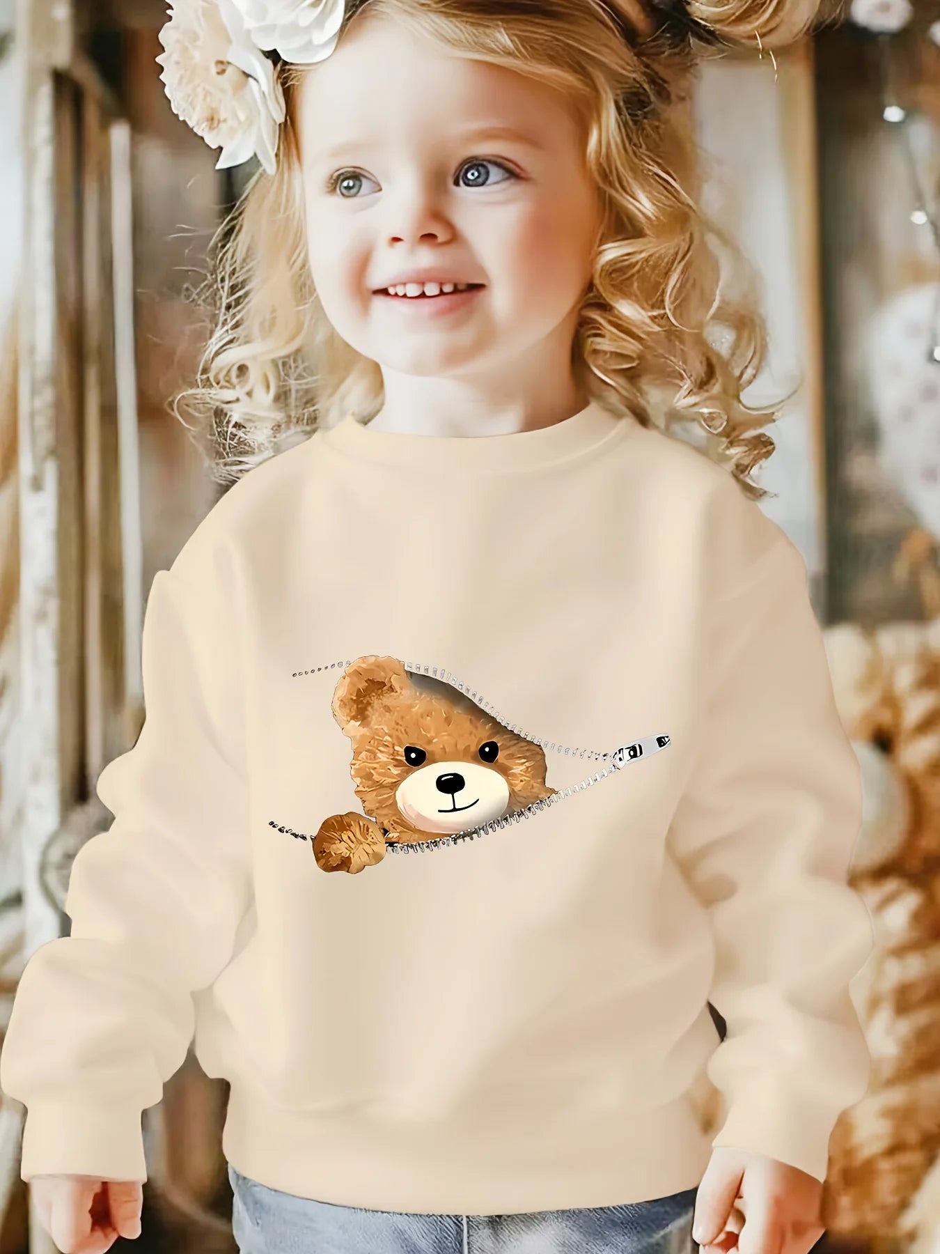 New fashionable children's casual creewneck sweatshirt, 3D printed zipper bear pattern, daily wear, soft texture, simple