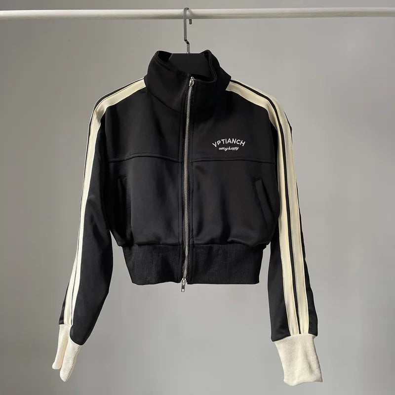 [YOZOU] Spring Double Zipper Baseball Cropped Jacket Women Outerwear Embroidered Striped Green Black White Blue Zip Up Coat
