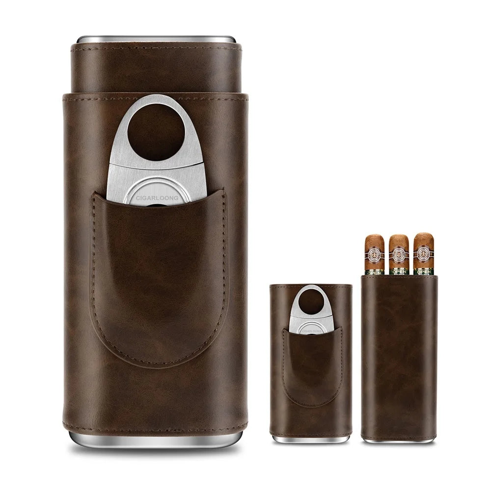 3-pack Cigar Case Luxury Portable Leather Holder Box Storage with Stainless Steel Sharp Cigar Cutter Smoking Accessories CH-24FA