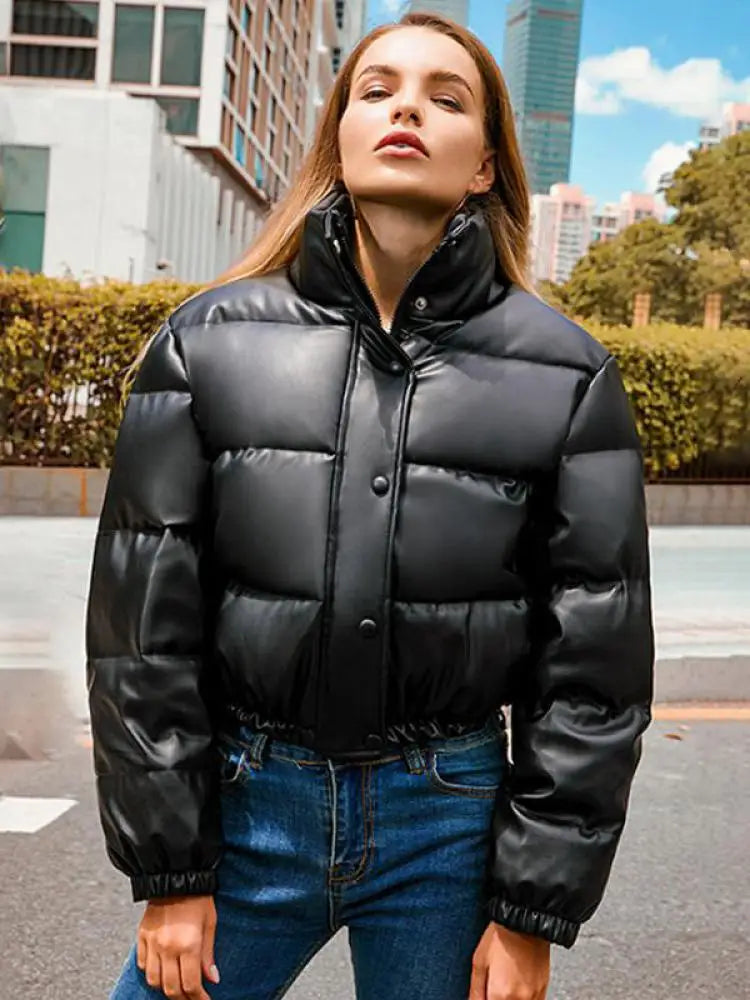 Winter Warm Thick PU Leather Coats Women Short Parkas Fashion Black Cotton Padded Lady Down Jacket Elegant Zipper Clothes 2025