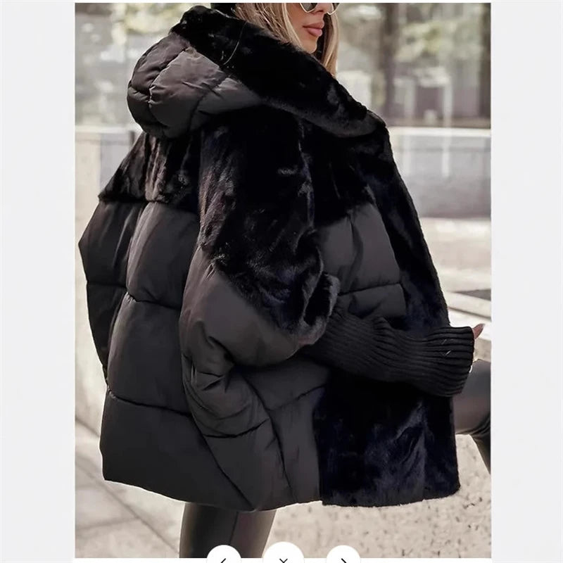Women‘s Hooded Patchwork Warm Coat Autumn Padded Jacket Oversize Outerwear In Winter