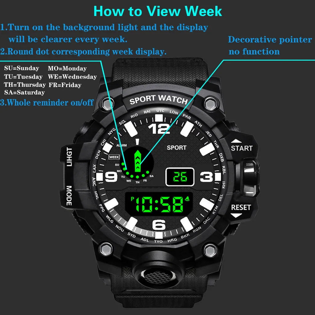 Men's Watch Fashion Sports Electronic Wristwatch Large dial Multifunctional Waterproof Luminous Alarm Kids Male's Military Watch