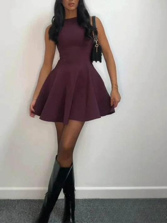 KONDALA Vintage Casual Chic  Women Dress Solid Sleeveless O-Neck Zipper Mini Dress New Fashion 2025 Spring Summer Female Dress