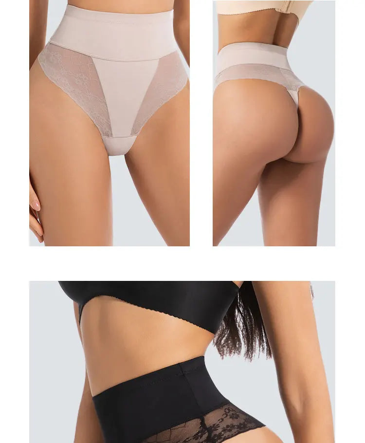 High Waist Tummy Control Women Seamless Panties Sexy Flroal Lace Splicing Thongs Tight Elastic Breathable Soft Lingerie