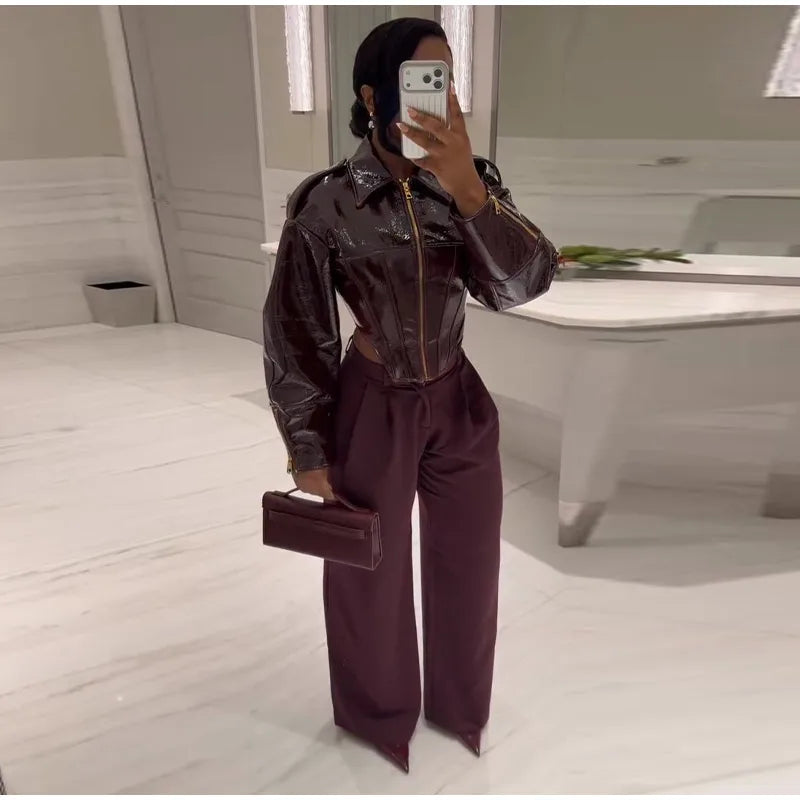 Fashion Lapel Leather Jacket Women's Full Sleeve Slim Solid Zippers Coat 2026 Spring New Lady Edgy Casual High Street Outerwear