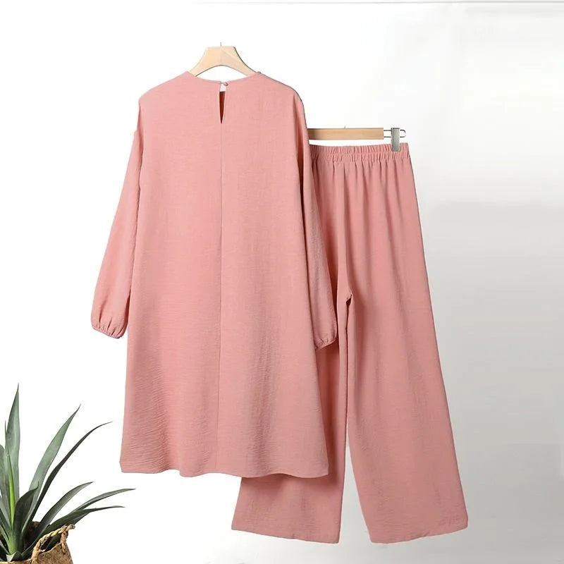 Islamic Fashion Clothing Suits for Women Spring Autumn Solid Color Elegant Abaya Long-sleeved Shirt Loose Wide-leg Pant Muslim
