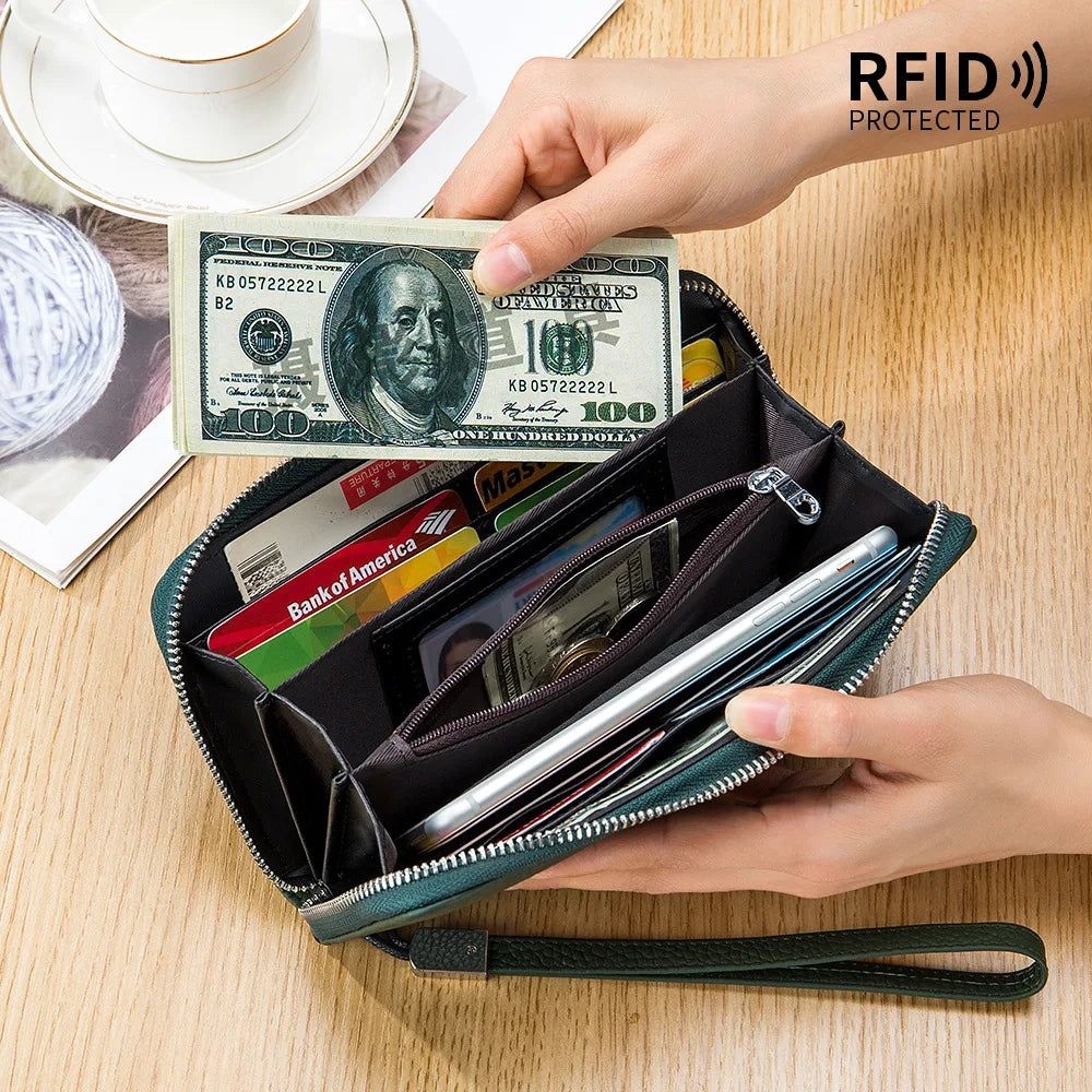 RFID Function Wallet for Women Geniune Leather Luxury Design Long Zipper Handbags Cowhide Card Bags Female Fashion Purse