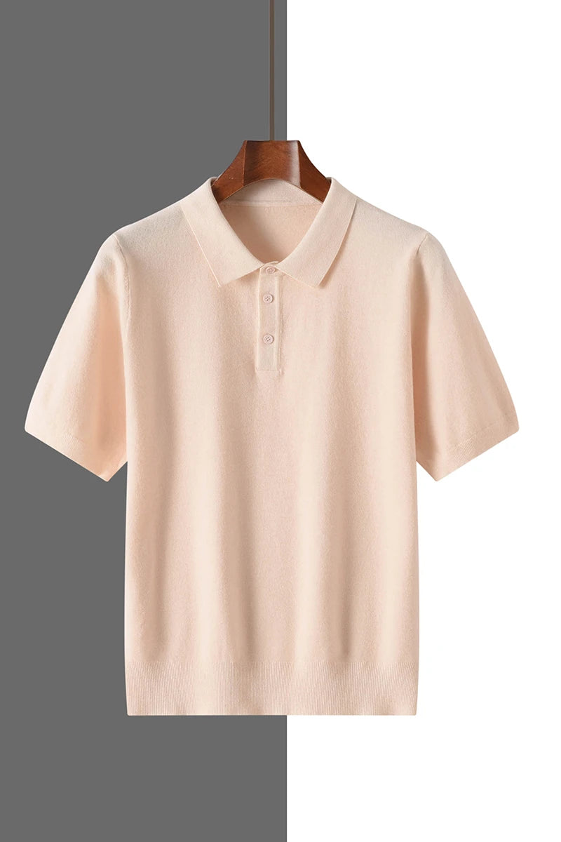 2025 Classic Polo Neck T-Shirt Pullover Men Knitwear Wool Lyocell Blend Sweater Short Sleeved Cool High-Quality Clothing Tops
