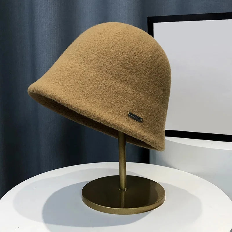 Retro Wool Bucket Hat for Women Autumn Winter Warm Fisherman Hat Outdoor Rock Climbing Warm Woolen Basin Hat