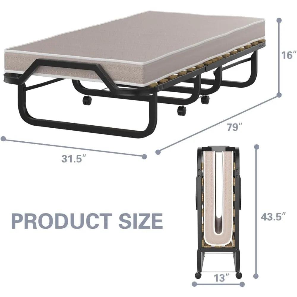 Folding Bed with 4 Inch Mattress, Foldable Rollaway Bed with Memory Foam Mattress for Adults, Portable Fold Up Guest Bed