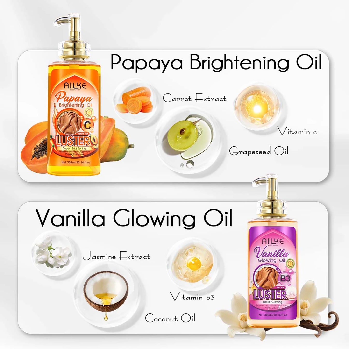AILKE Whitening Body Oil, Moisturizing, Nourishing, Glowing, Brighten, Smooth Skin, Reduce Dark Spots, For All Skin Types, 300ml