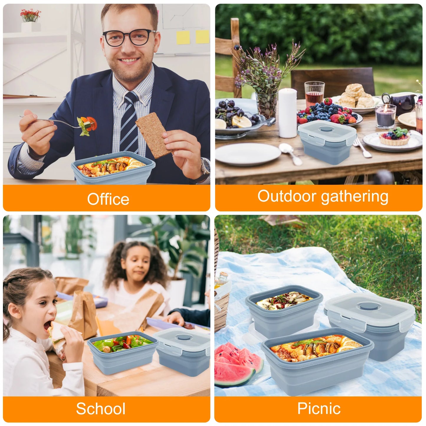 4Pcs Silicone Food Storage Container Temperature Resistant Lunch Meal Prep Container Microwave Safe Food Box Collapsible