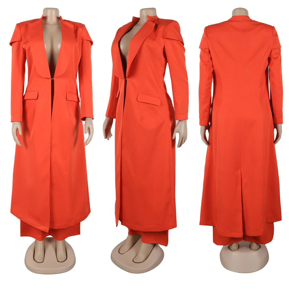Streetwear Fashion X-Long Blazer Coat and Long Pants Suit 2 Two Piece Set for Women 2025 Spring African Work Business Outfits