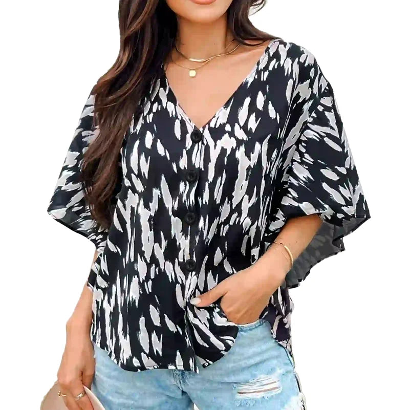 Plus Size Women's Shirt, Spotted Printed Cardigan Button V Neck Top. Casual and Fashionable Summer Clothing