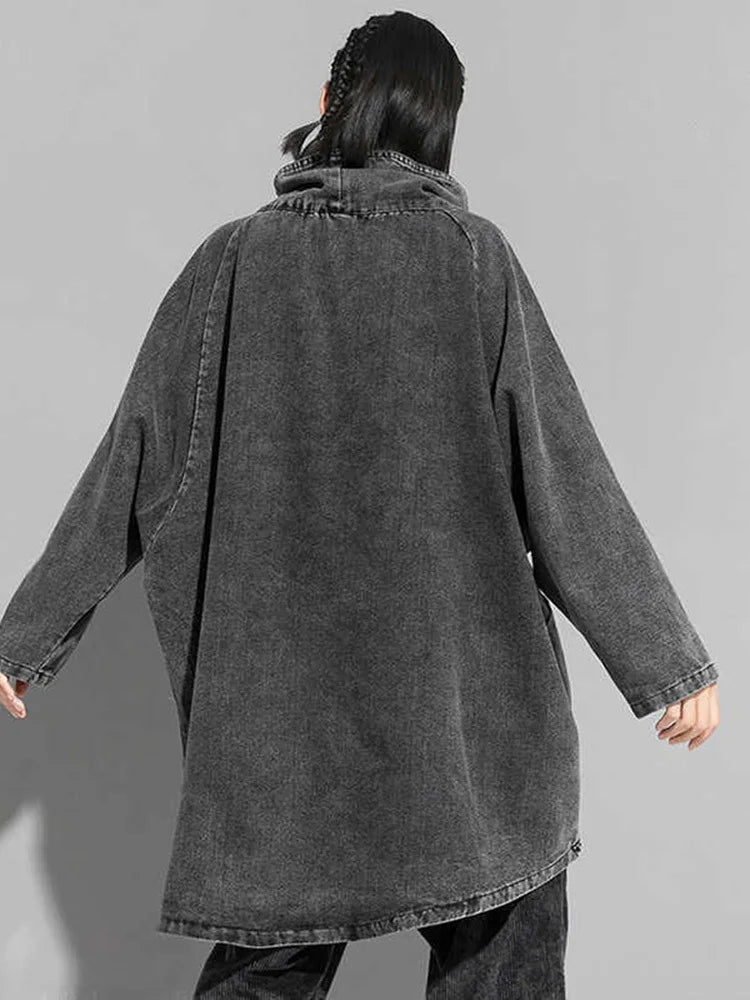 [EAM] Loose Fit Black Denim Big Size Sweatshirt New High Collar Long Sleeve Women Big Size Fashion Spring Autumn 2026 1K166