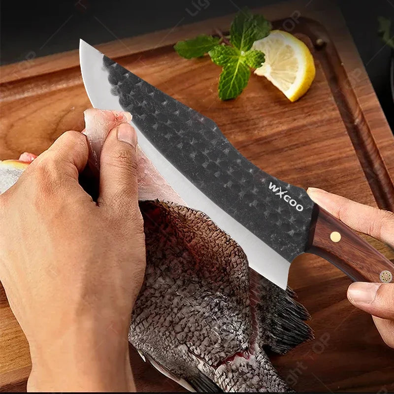 Kitchen Knife Supplies Forged Butcher Knife Fruit Slicing Bottle Opener Knife Multipurpose BBQ Cooking Chef Knife Wood Handle