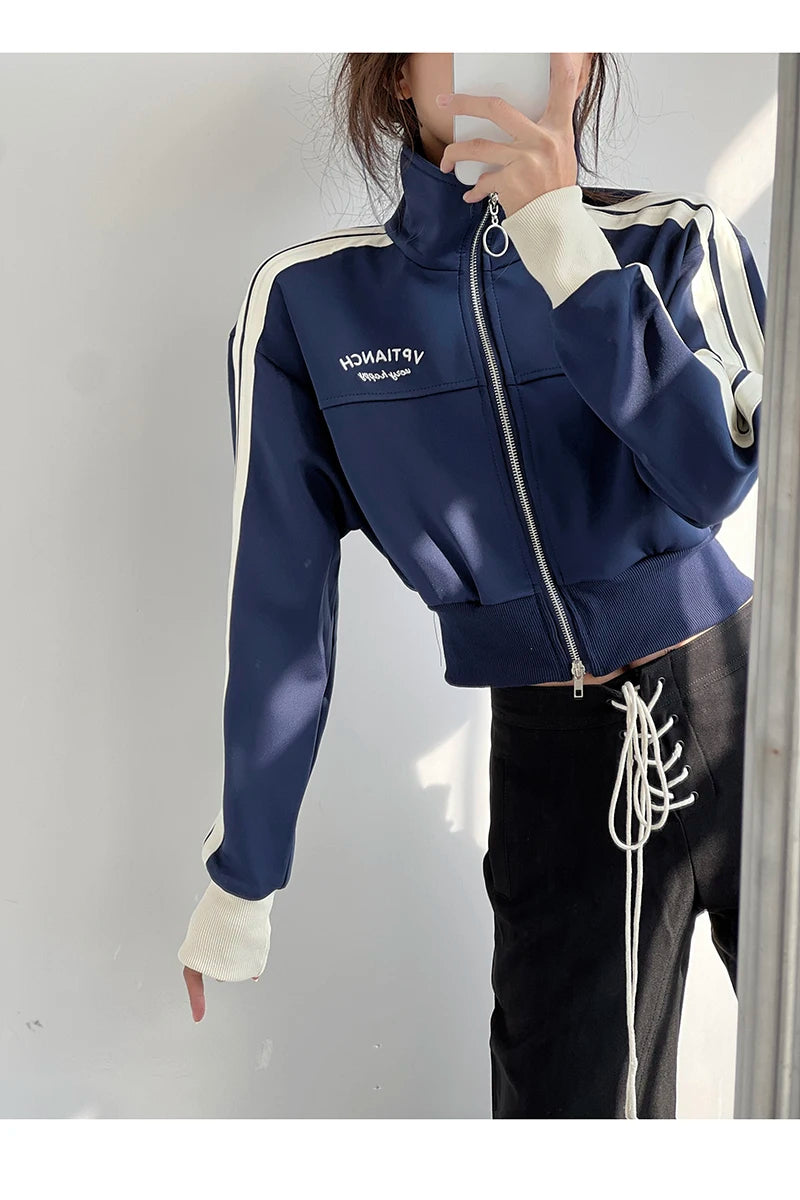 [YOZOU] Spring Double Zipper Baseball Cropped Jacket Women Outerwear Embroidered Striped Green Black White Blue Zip Up Coat