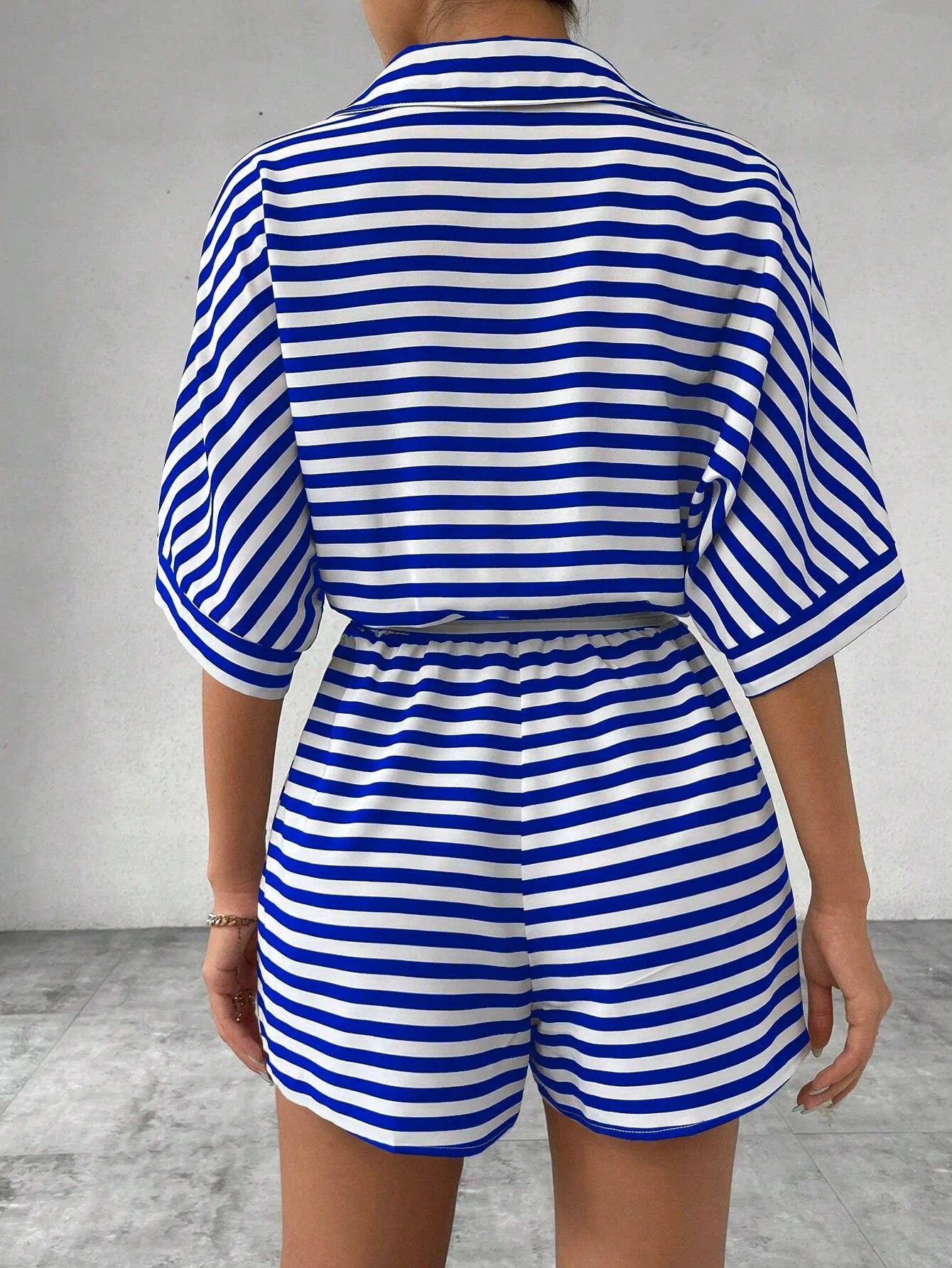 Summer New Set For Women's Casual Loose Comfortable Outfit Fashion Striped Batwing Sleeve Shirt Top+ Shorts 2-piece Sets Woman
