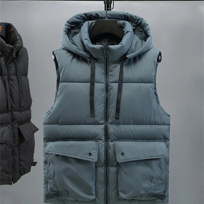 Men's Hooded Vest Winter Zipper Warm Stand Collar Waistcoat Men Cotton Padded Sleeveless Jackets with Big Pockets 2025