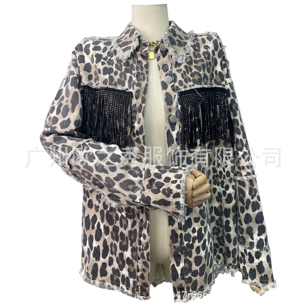 Women Spring Diamonds Beaded Tassels Washed Old Leopard Printed Denim Jacket Fringed Jeans Coat Cowboy Cardigan Streetwear Tops