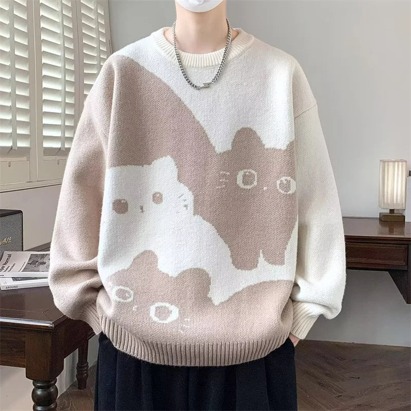 Winter Men's Anime Cat Jacquard Crewneck Knitted Sweaters Hip Hop Fashion Graphic Printed Y2K Jumpers Streetwear Knit Pullovers