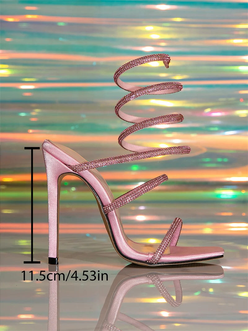 Liyke New Fashion Green Rhinestone Ankle Snake Twine Around Strap Sandals Women Party Prom Shoes Sexy Square Toe Stripper Heels