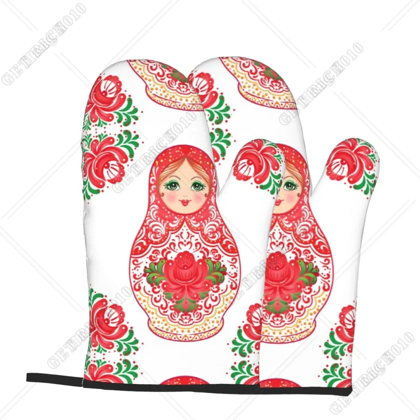 Fashion Print Russian Babushka Matryoshka Doll Set of 2 Kitchen Gloves Women Men Oven Gloves Heat Resistant for BBQ Cooking