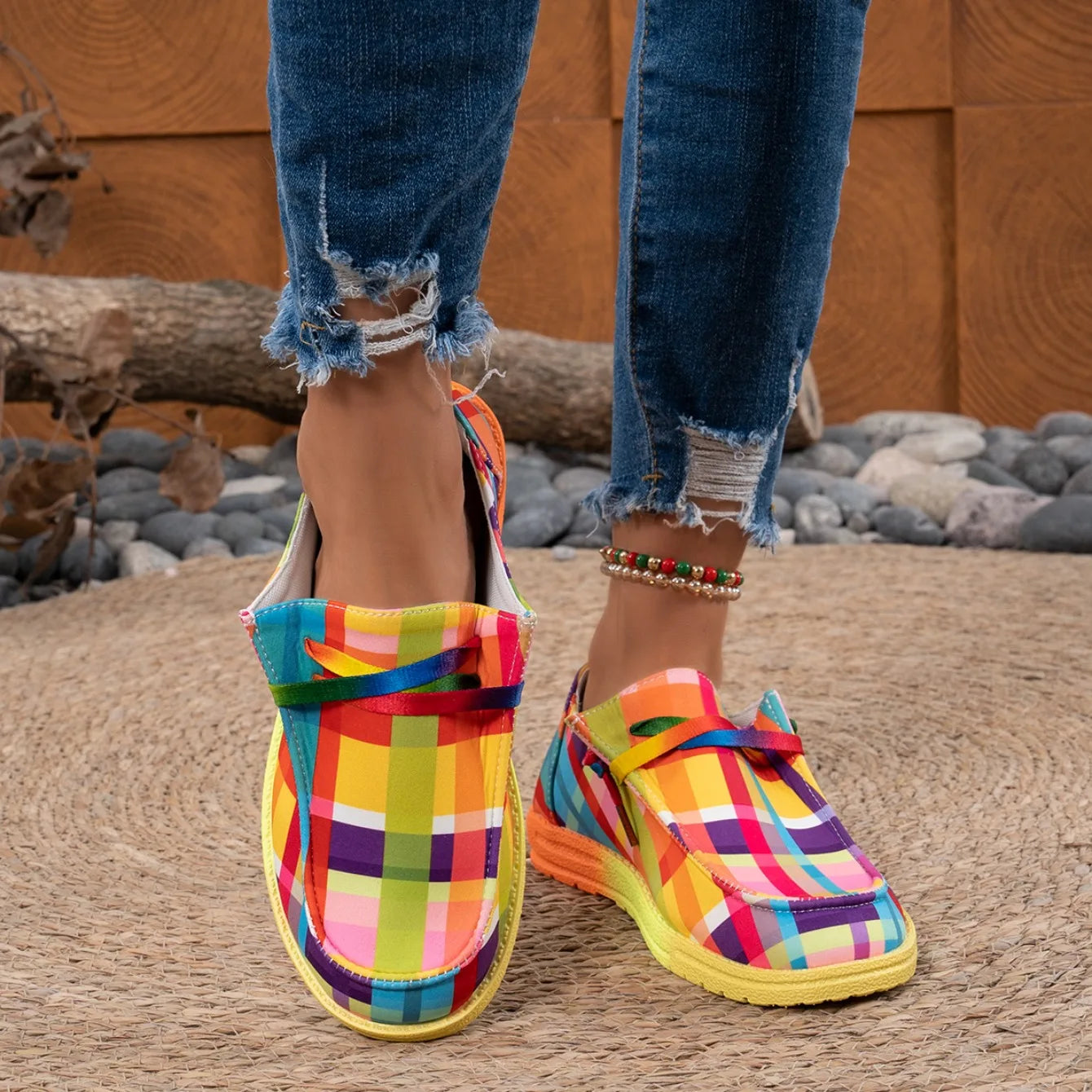 Women Flats Round Toe Multi-Color Sneakers Women Ethnic Rainbow Canvas Shoes Autumn New Casual Daily Flat Loafers Shoes Ladies