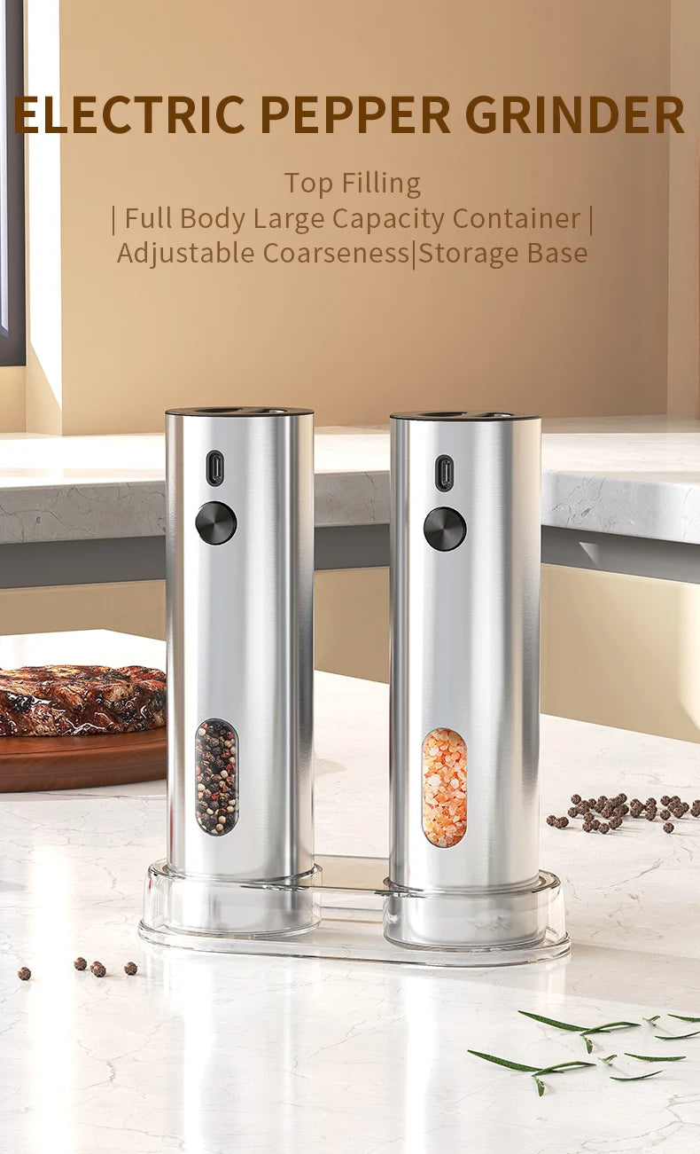 Rechargeable Electric Salt and Pepper Grinder Set Stainless Steel Pepper Mills Adjustable Coarseness Power Grinder Kitchen Tools