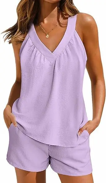 New Summer Women's 2-piece Set Pink V-neck Vest Elastic Pocket White Stylish Black Shorts Set