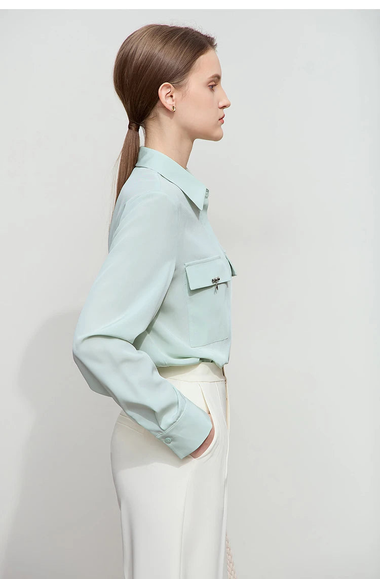 AMII Minimalist Chiffon Shirt Women 2025 Spring New Temperament Gentle Lapel Bamboo Work Pocket Concealed Button Tops 12521032