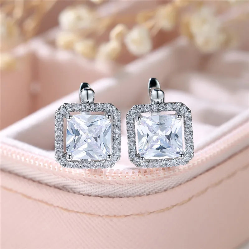 Female Luxury Green Square Zircon Stone Clip Earrings Charm Silver Color Wedding Jewelry For Women