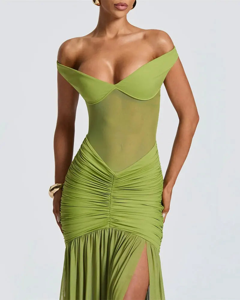 GACVGA Mesh Patchwork Sexy Bodycon Maxi Dress Women Draped Gown Summer Halter Backless Ruched High Split Club Party Long Dress