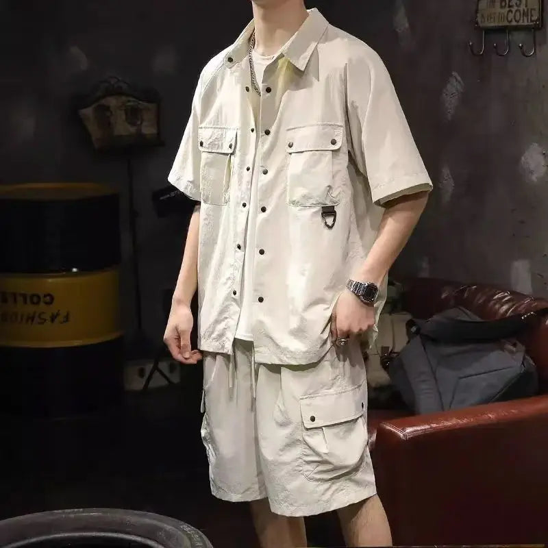 Trendy Cargo Summer Clothes Set Men Short Sleeve Shirt with Pockets And Shorts Solid Casual Safari Outdoor Outfits