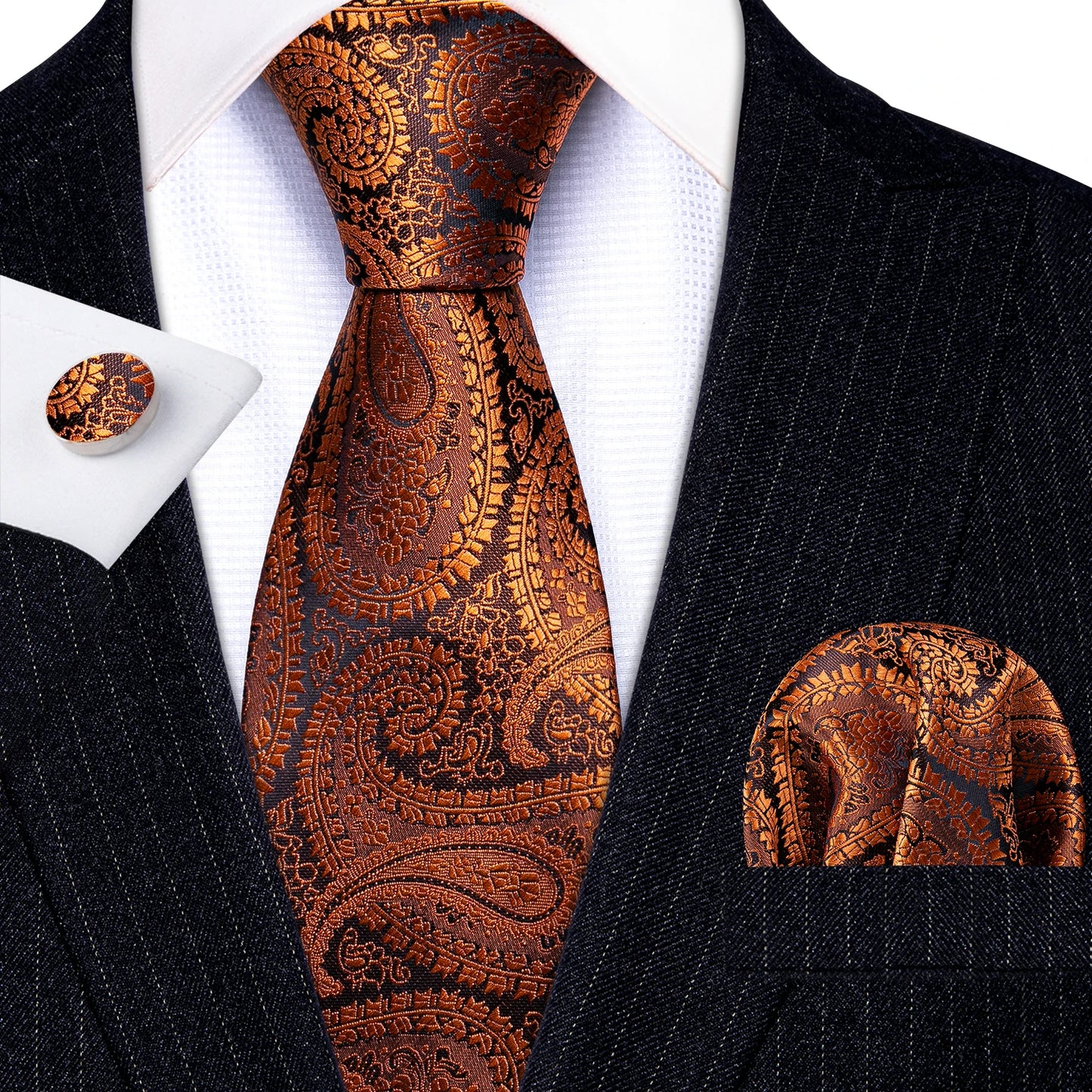 Barry.Wang Orange Brown Silk Mens Tie Hanky Cufflinks Set Gold Coffee Jacquard Designer Necktie For Male Wedding Business Party