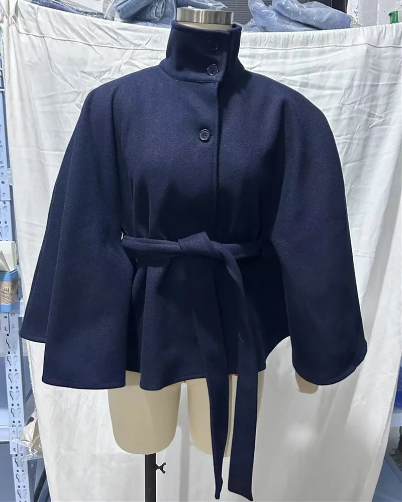 2026 New Lace Up High Neck Jackets For Women Belt Faux Wool Blends Cape Coats Autumn Winter Warm Elegant Cloak Coat Ladies