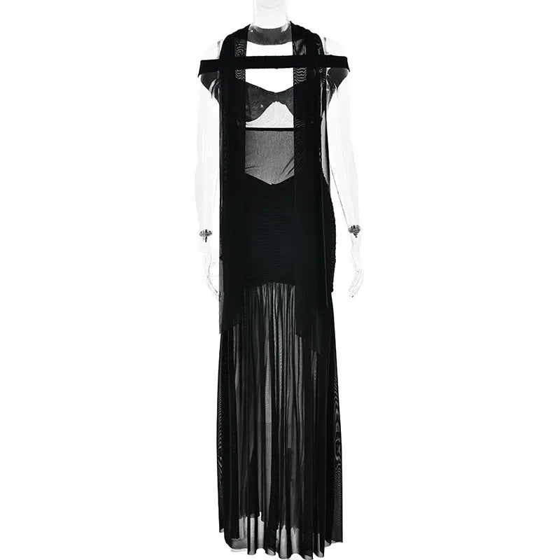 GACVGA Mesh Patchwork Sexy Bodycon Maxi Dress Women Draped Gown Summer Halter Backless Ruched High Split Club Party Long Dress