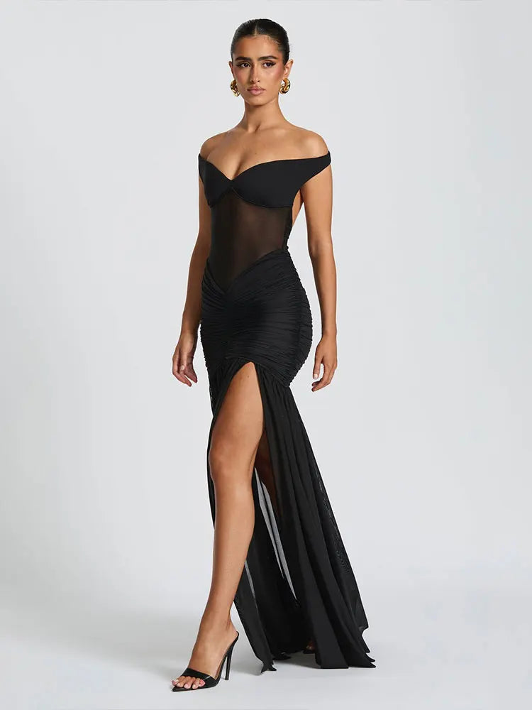 GACVGA Mesh Patchwork Sexy Bodycon Maxi Dress Women Draped Gown Summer Halter Backless Ruched High Split Club Party Long Dress