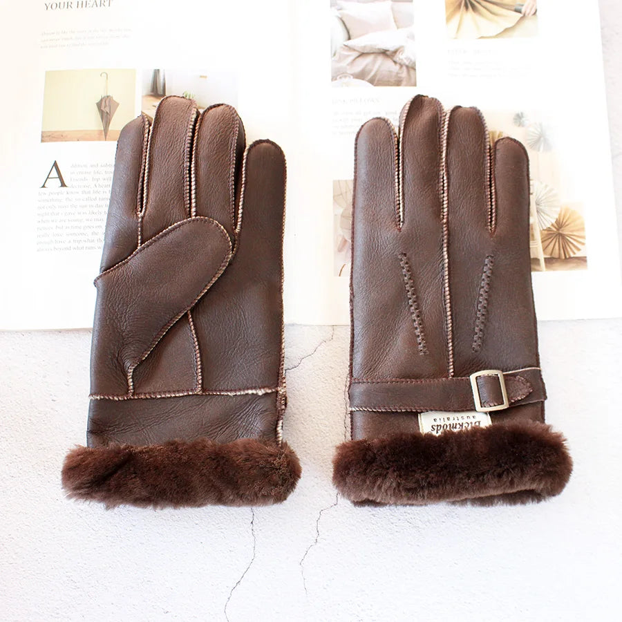 Sheepskin Fur Gloves Men's Thick Winter Warm Large Size Outdoor Windproof Cold Hand Stitching Sewn Leather Finger Gloves