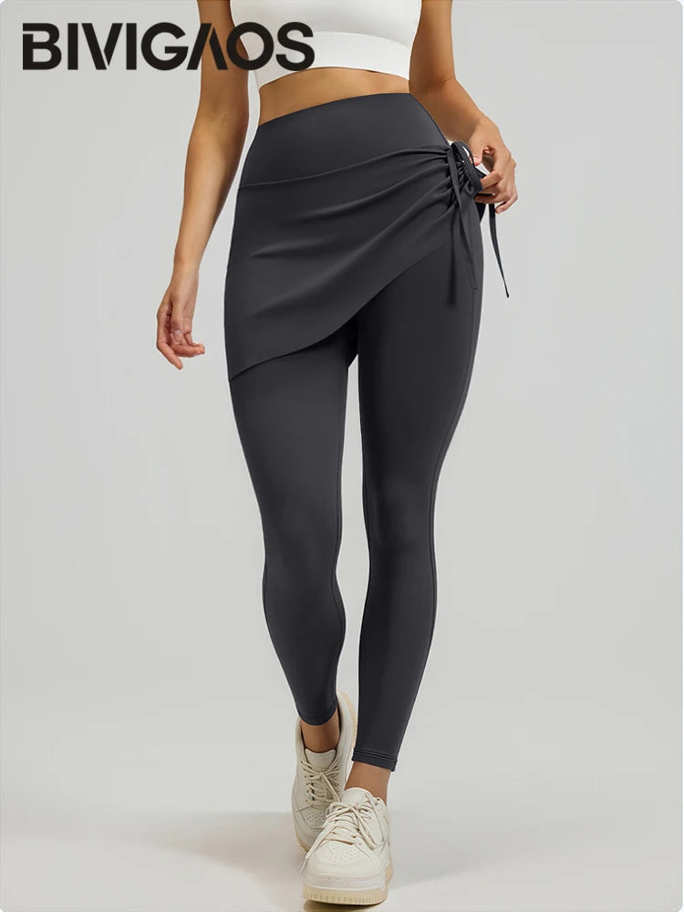 BIVIGAOS New Spring Drawstring Pleated Yoga Leggings Skirt Pants Fake Two Piece Women High Waist Elastic Sports Fitness Leggings