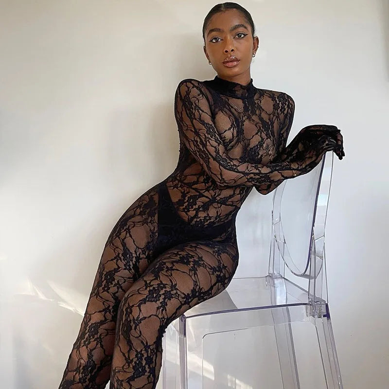 Mesh Sheer Hollow Out Long Sleeve Sexy See Through Skinny Exotic Jumpsuit Bodycon Summer Women Outfit Night Party with Gloves