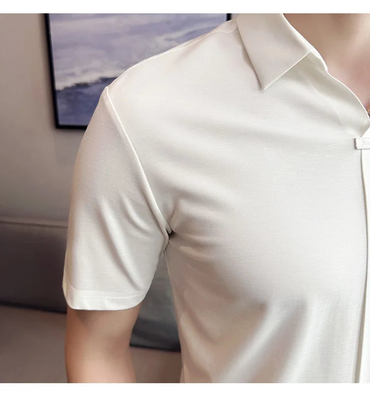 Luxury Purple Polo Shirts For Men High Quality Summer Short Sleeve Men's Polos Ice Silk Elastic Slim Fit Turn Down Collar Tees